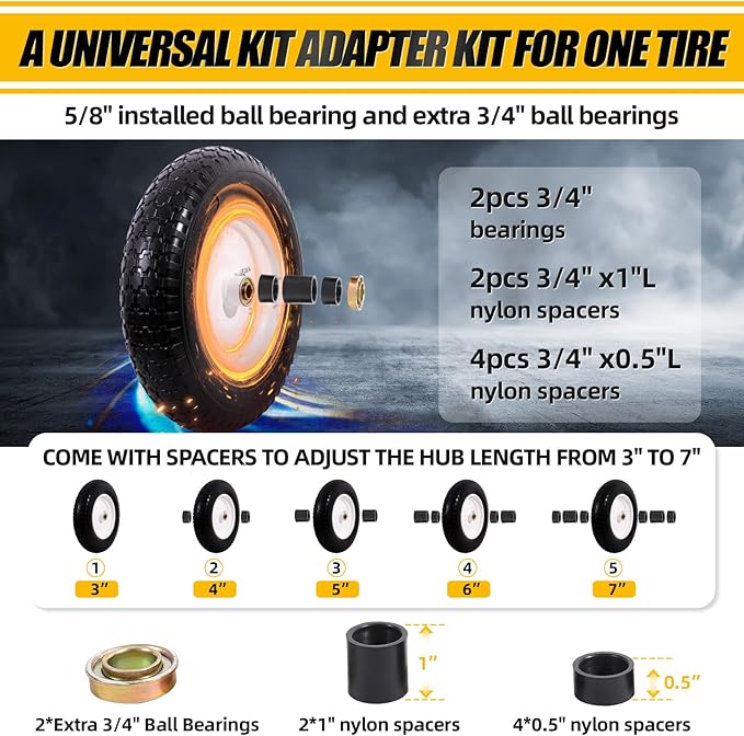 MZREXN 14.5" Wheelbarrow Tire Flat-Free 3.00/3.25/3.50/4.00-8" Solid Tire and Wheel with 3"-7" Centered Hub, 3/4" & 5/8" Bearings Replacement for Hand Truck/Dolly/Utility Cart/Garden Cart 1PCS White