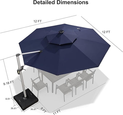 PURPLE LEAF 12ft Patio Umbrella With Base Solar powered LED Cantilever Umbrella with LED lights Windproof Outdoor Offset Umbrella for Garden Deck Pool Patio, Navy Blue