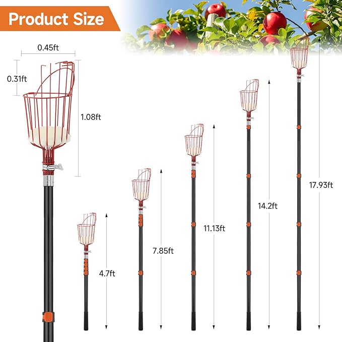 SAN LIKE Fruit Picker Tool 18FT Telescoping Fruit Picker Pole, Easy to Assemble Twist-On Apple Basket, Lightweight Aluminum Fruit Picking Equipment for Getting Fruits Apple Orange Pear Mangoes