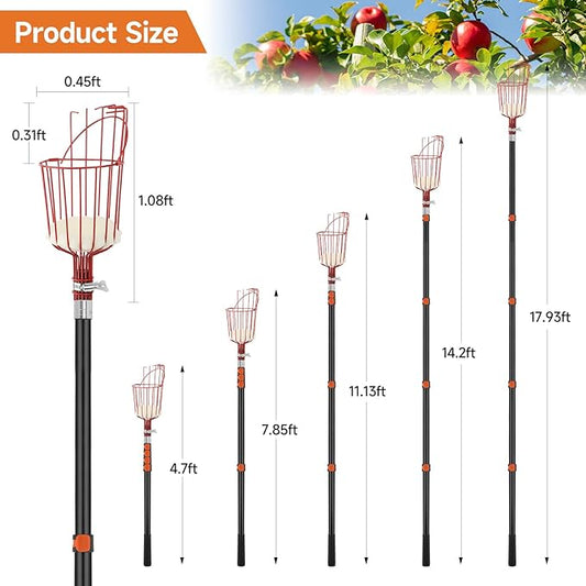 SAN LIKE Fruit Picker Tool 18FT Telescoping Fruit Picker Pole, Easy to Assemble Twist-On Apple Basket, Lightweight Aluminum Fruit Picking Equipment for Getting Fruits Apple Orange Pear Mangoes