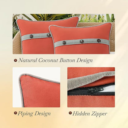 Outdoor Sunbrella Decorative Pillows with Triple Coconut Buttons Pack of 4, 16" x 16" Outdoor Pillow Set for Couch Bed Throw Patio Sofa, Canvas Melon/Cast Ash