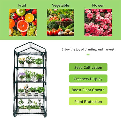 GreenGiggle 4 Tier Mini Indoor Outdoor Greenhouse,27"x19"x62" Greenhouses with PVC Cover and Roll-Up Zipper Door,Plastic Green House for Inside Grow Tent&Garden greenhouses for Outdoors