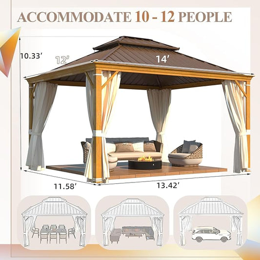 YOLENY 12' x 14' Hardtop Gazebo, Wood Grain Aluminum Frame Canopy with Galvanized Steel Double Roof, Outdoor Patio Gazebo with Netting and Curtains for Backyard, Patio, Lawns