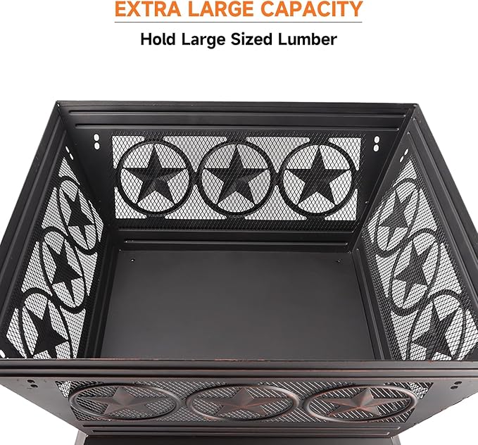 33-Inch Square Fire Pit, Large Metal Fireplace/Firepit with Mesh Lid, Poker, Waterproof Cover
