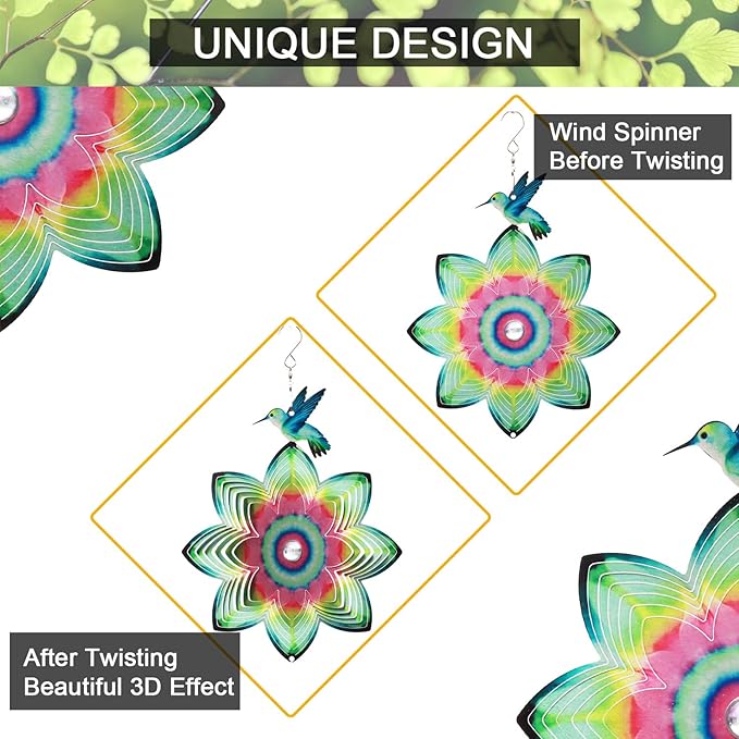 SPRING SONG Hummingbird on Mandala Flower Wind Spinner for Yard and Garden Stainless Steel Spinner Indoor and Outdoor Hanging Decor Crafts Ornament Gifts Kinetic Art Yard Garden Hanging Wind Spinner