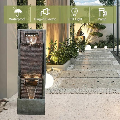 Outdoor Garden Water Fountain with Contemporary Design&LED Light Floor-Standing Water Feature Fountain - Suitable for Deck, Patio, Porch, Yard Decor