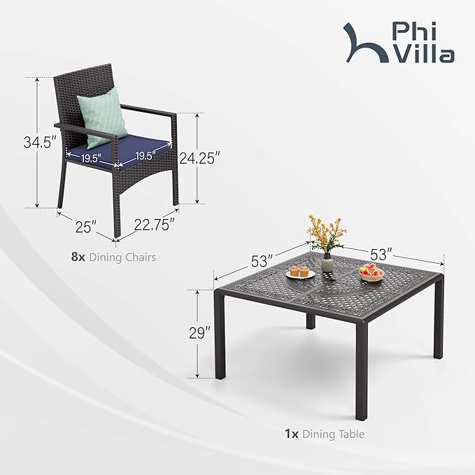 PHI VILLA 9 Pieces Outdoor Cast Aluminum Dining Set for 8, Square Metal Dining Table with Umbrella Hole & Cushioned Wicker Rattan Chairs, Dining Furniture Set for Patio, Deck, Yard and Porch