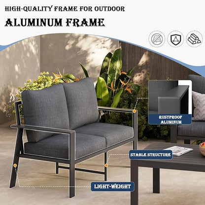Aluminum Patio Furniture Chair, Outdoor Seating Set 4" Cushion Loveseat Sofa for Balcony