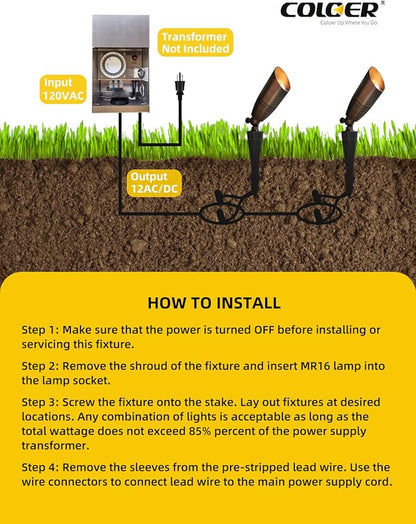 COLOER Die-cast Brass Landscape Spotlights Outdoor, 12V AC/DC Low Voltage Spotlight, IP65 Waterproof Landscape Lighting for Yard, Garden Patio Trees Spot Uplight(102B,6-Pack Without Bulb)