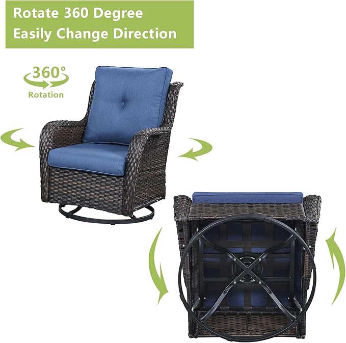 Rilyson 5 Piece Outdoor Patio Furniture Set - Rattan Wicker Patio Conversation Sets with 2 Swivel Rocker Chairs,2 Ottomans and 1 Loveseat for Outside Porch Deck Backyard(Brown/Blue)