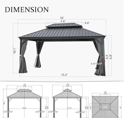 Domi 12'x16' Hardtop Gazebo Canopy,Outdoor Aluminum Gazebo with Galvanized Steel Double Roof,Permanent Gazebo with Drainage System,Curtain and Netting Included,Grey