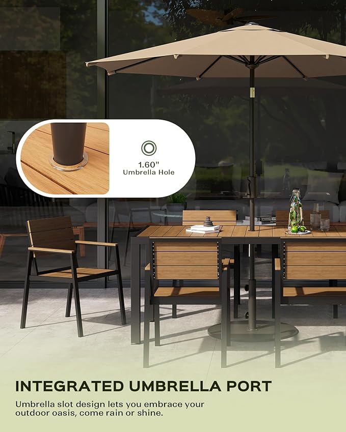 Outdoor Dining Set for 6, Patio Table and Chairs Set, Aluminum Patio Furniture Set with Umbrella Hole, HDPS Patio Dining Table Set for 6 (Gray-Teak)