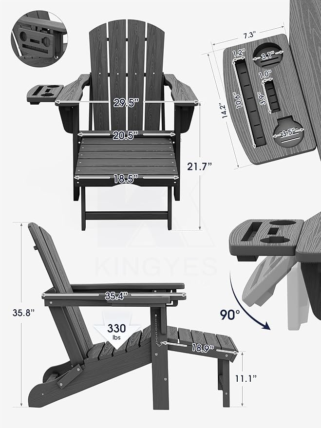 KINGYES Folding Adjustable Adirondack Chair with Ottoman & 2 Cup Holders Set of 2, HDEP Adirondack Chair with Footrest, Grey