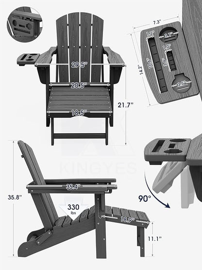 KINGYES Folding Adjustable Adirondack Chair with Ottoman & 2 Cup Holders Set of 2, HDEP Adirondack Chair with Footrest, Grey