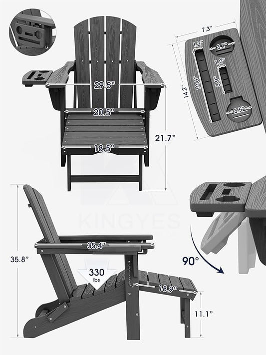 KINGYES Folding Adjustable Adirondack Chair with Ottoman & 2 Cup Holders Set of 2, HDEP Adirondack Chair with Footrest, Grey