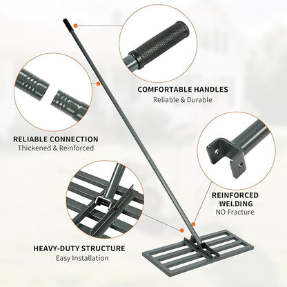 Lawn Leveling Rake,30"x10" Heavy-Duty Steel Lawn Leveler with 84" Anti-Slip Handle, Yard Leveling Rake Perfect for Garden, Backyard, Golf Course, Farm & Landscaping