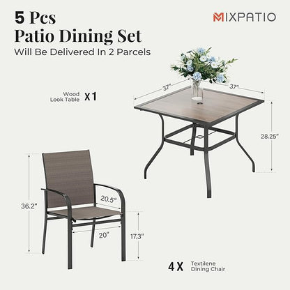 5 Pieces Patio Table and Chairs Set, 4 Person Outdoor Dining Furniture Set, 4 Brown Textilene Chairs and 37" Wood-Like Table Top Table with Umbrella Hole, for Deck Backyard Lawn