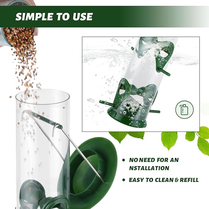 2 Packs Green Bird Feeder Tube Hanging Feeders, 6 Port Wild Bird Feeders Premium Hard Plastic with Steel Hanger Weatherproof and Water Resistant Great for Attracting Birds 18.2 Inches Large