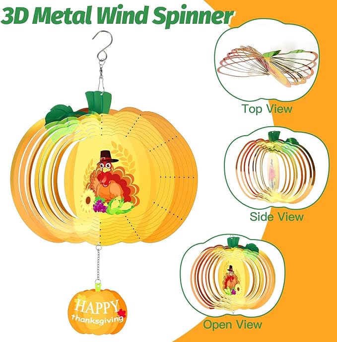 Thanksgiving Wind Spinners Fall Harvest Turkey Pumpkin Wind Spinner 3D Stainless Steel Hanging Wind Sculptures for Indoor Outdoor Yard Garden Decorations - 11.8 Inch