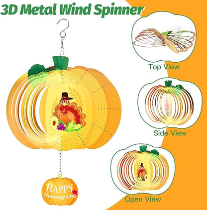 Thanksgiving Wind Spinners Fall Harvest Turkey Pumpkin Wind Spinner 3D Stainless Steel Hanging Wind Sculptures for Indoor Outdoor Yard Garden Decorations - 11.8 Inch