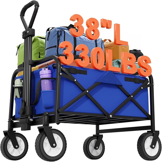 Garden Cart Folding Wagon Garden Cart Collapsible Wagon with Adjustable Handle &360°Universal Wheels for Garden Camping Shopping Beach (Blue)