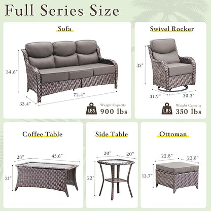 Luxury High Back Outdoor Furniture with 6-inch Extra Thick Cushions, Patio Furniture Set with Swivel Chairs, 8 PCS Wicker Conversation Set for Yard, Deck, Poolside, Brown/Grey