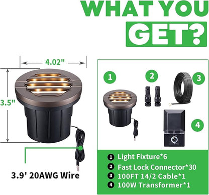 LED Well Light Kit, 6 Pack Low Voltage In Ground Landscape Lights and 100W Transformer and 100FT Cable and 30 Wire Connectors, 12V IP67 Waterproof, Aluminum for Patio Pathway Lawn