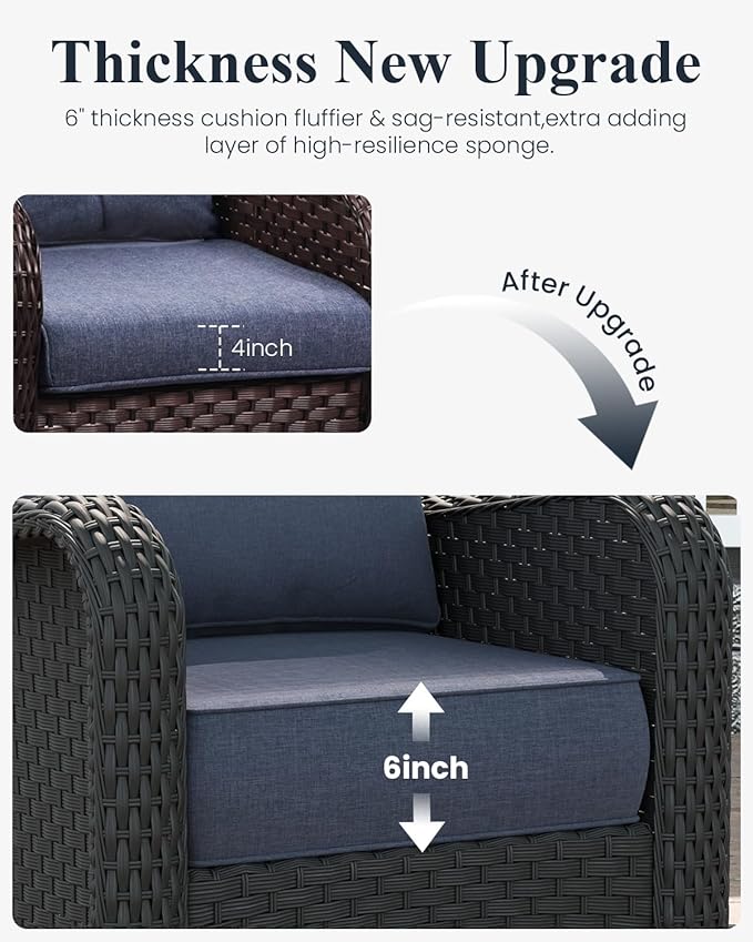 LayinSun 8 Piece Wicker Outdoor Furniture Set with 6-inch Comfy Cushions, High Back Patio Furniture Set with Swivel Rocking Chairs and Fire Pit Table
