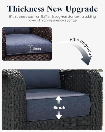 LayinSun 5 Piece Wicker Outdoor Furniture Set with 6-inch Comfy Cushions, High Back Patio Furniture Set with Swivel Rocking Chairs and Side Table
