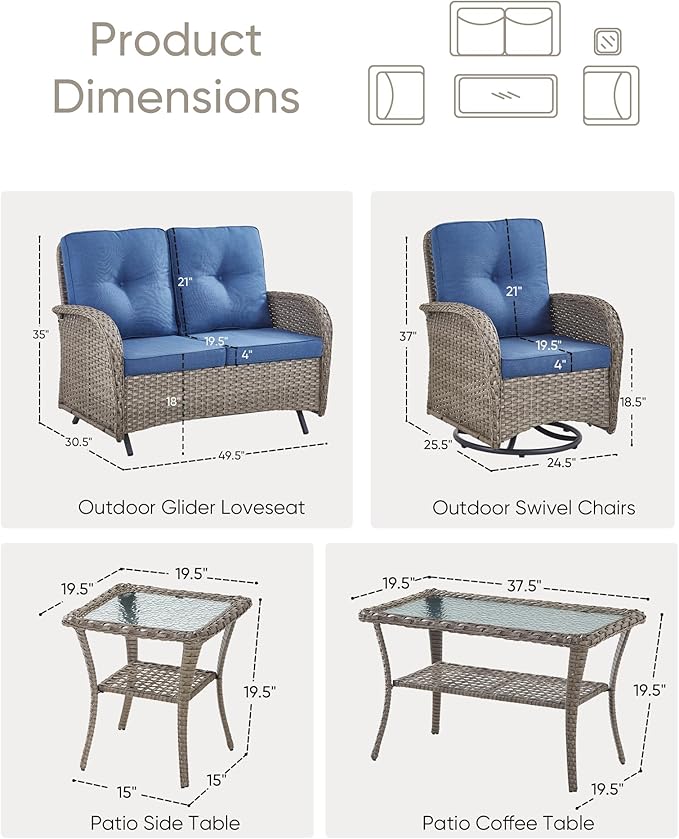 HUMMUH Patio Furniture Wicker Outdoor Furniture Sets High Back Outdoor Glider Bench with Patio Swivel Chairs Patio Conversation Sets for Deck Lawn Porch Balcony Poolside-Grey/Blue