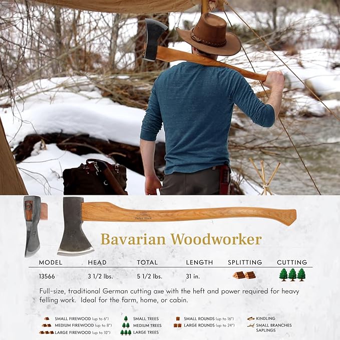 1844 Helko Werk Germany Traditional Bavarian Woodworker Axe - Made in Germany Heavy Duty Felling Axe and Cutting Axe, Large German Forest Axe - Head 3.5 lbs, Handle 31 in. (Bavarian) #13566
