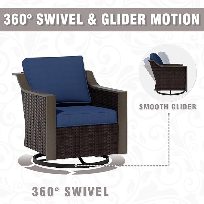 3 Piece Wicker Patio Conversation Set, All-Weather Use Outdoor Wicker Sofa with 2 PE Rattan Swivel Chair, Removable Water-Resistant Cushion, Ideal for Porch, Backyard, Balcony, Poolside, Blue