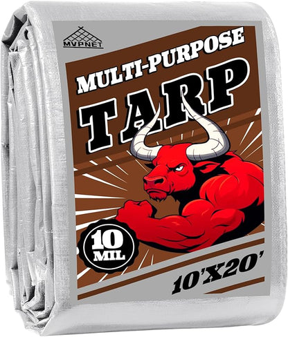 Tarp 10x20 ft Heavy Duty 10mil Silver/Brown 100% Waterproof High Durability Multipurpose Outdoor Tarpaulin,Uv Resistant,for Courtyards,Camping, Canopy, Trailer, Boats, Camping, Etc -by MVPNET