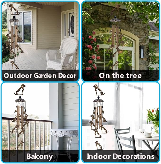 Outdoor Dogs Wind Chimes Indoor Decor - Hand-Made Mobile Romantic Bronze Wind Catcher, 36" Puppys Wind Bells for Home, Balcony, Patio, Garden Festival Decoration, Gift for Mom(4 Tubes, 6 Bells, 7Dogs)