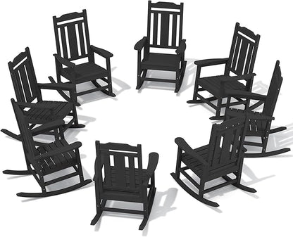 SERWALL Outdoor Rocking Chair Black Set of 8, All Weather Patio Rocking Chair, HDPE Poly Rocking Chair for Adults, Heavy Duty Front Porch Rocker