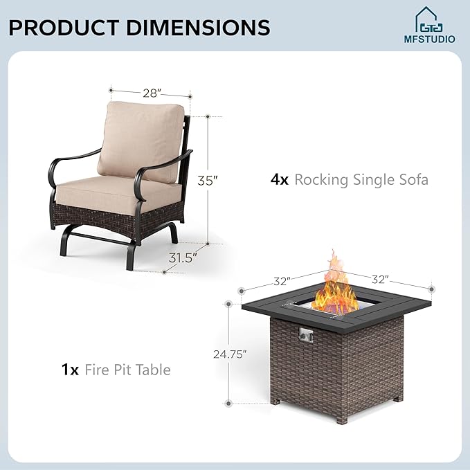 MFSTUDIO 5 Pieces Outdoor Patio Furniture Set, Metal Outdoor Conversation Sofa, Rattan Wicker Patio Sectional Sofa Set with 4 x Rocking Single Sofa, 1 x Fire Pit Table, Beige