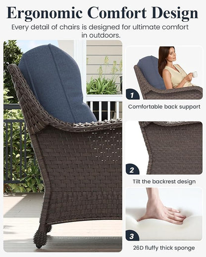 LayinSun 7 Piece Wicker Outdoor Furniture Set with 6-inch Comfy Cushions, High Back Patio Furniture Set with Rattan Armchairs and Fire Pit Table