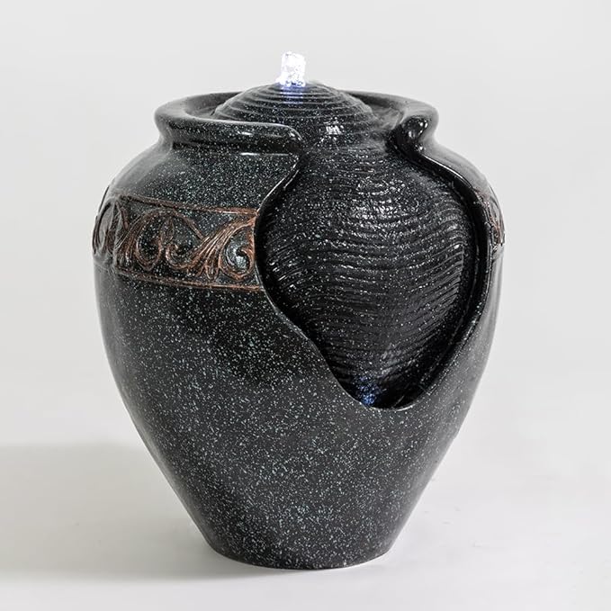 17.7 in. Glazed Pot Water Fountain with LED Light, Provide Indoor and Outdoor Water Features for Gardens、Backyard、Living Rooms、 Offices (Bronze Blue)