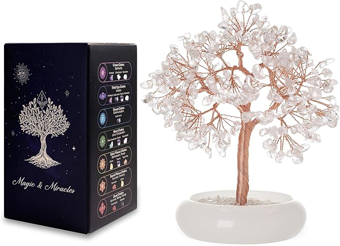 Clear Quartz Healing Crystal Tree of Life, Crystals Copper Wire Money Bonsai Tree, Office Desk Decor, Natural Gem Stones Healing Spiritual Yoga Gifts for Women