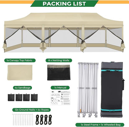 COBIZI 10x30 Heavy Duty Pop Up Canopy Tent with 8 Sidewalls, Commercial Gazebo Party Tent with Mosquito Netting Wall Easy Set Up Outdoor Instant Screen Tent for Backyard, Patio, Garden, Khaki