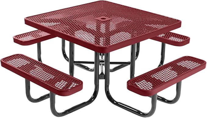 COATEDOUTDOORFURNITURE Heavy-Duty Portable Outdoor Picnic Table with Umbrella Hole, Expanded Metal Commercial-Grade Patio Dining Furniture Made in America (46" Square Top, Burgundy)