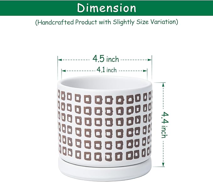 D'vine Dev Set of 2 Ceramic Planter Pots with Drainage Hole and Saucer, 4.5 Inch Plant Pots for Plants Indoor Houseplants, White, 99-Z-A-1-V