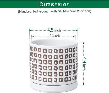 D'vine Dev Set of 2 Ceramic Planter Pots with Drainage Hole and Saucer, 4.5 Inch Plant Pots for Plants Indoor Houseplants, White, 99-Z-A-1-V