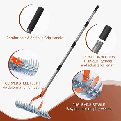 Thatch Rake, 15-Inch Steel Lawn Dethatcher with Handle, Robust Dethatcher Rake, Heavy Duty Grass Cleaning Tool for Dead Grass and Soil Loosening, Yard Garden Durable Soil RAK e