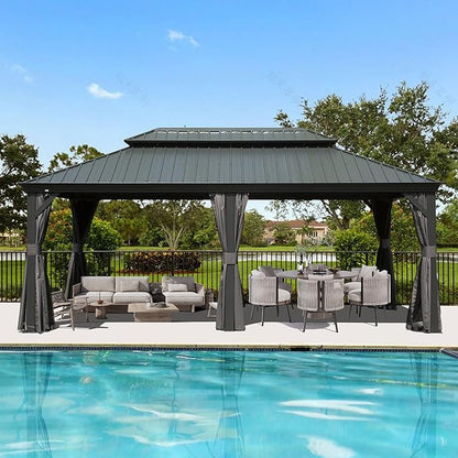 Domi 12' X 20' Hardtop Gazebo Large Outdoor Metal Gazebo with Galvanized Steel Double Roof Canopy, Aluminum Frame, Curtains and Netting for Patio, Deck, Garden, Grey