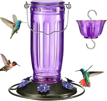 Kingsyard Glass Hummingbird Feeder for Outdoors Wild Bird Feeder with 6 Feeding Ports Hanging for Garden Yard, Purple (Ant Moat Included)