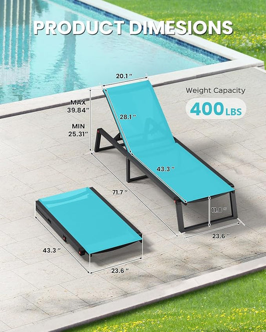 Aluminum Chaise Lounge Chair Outdoor, Foldable & Assembly Free Patio Pool Lounge Chairs 5-Position Recliner for Outside Poolside, Fully Grounded Legs Sun Lounger for Beach, Yard, Lake Blue