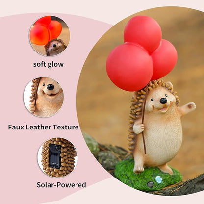 WHIMSYNOOK 10.4" Resin Hedgehog with Balloon Solar LED Garden Statue Light, Ideal for, Porch, Lawn, Yard, Housewarming, or Birthday Gifts for Mom, Family, and Hedgy Lovers
