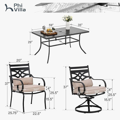 PHI VILLA 7 Pcs Patio Dining Sets,Outdoor Table Chair Set for 6 with 2 Outdoor Swivel Chairs and Metal Rectangular Table,Outdoor Dining Furniture with Cushion and Pillow for Garden Lawn Deck