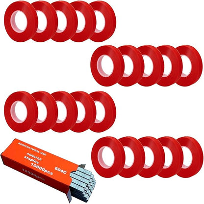 20Rolls of 100 Feet tie Tape and 1 Box of Staple (10000 PCS Staples) for Plant Tying Machine,Plant Tape for Climbing Plants, Grapes, Raspberries, Tomatoes and Vining Vegetables Flowers